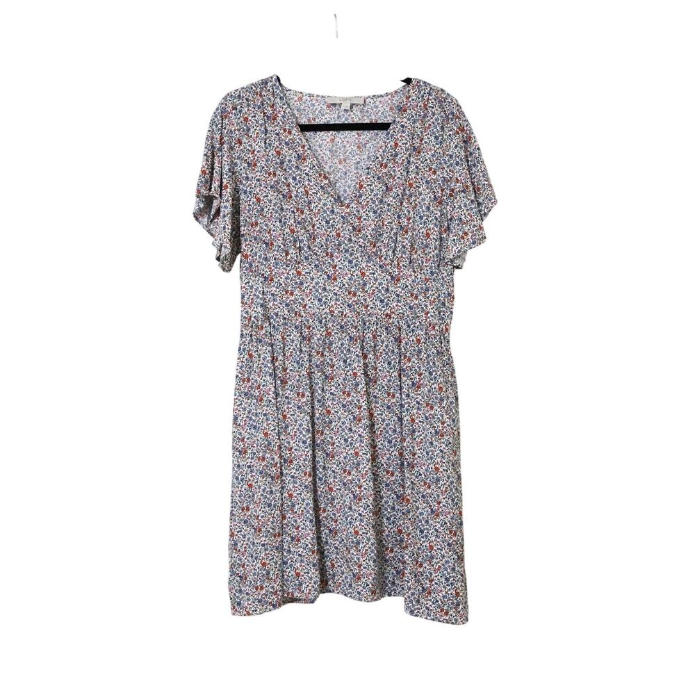 Loft Blue Red White Floral Flutter Sleeve Mini Dress L USA Patriotic Wedding